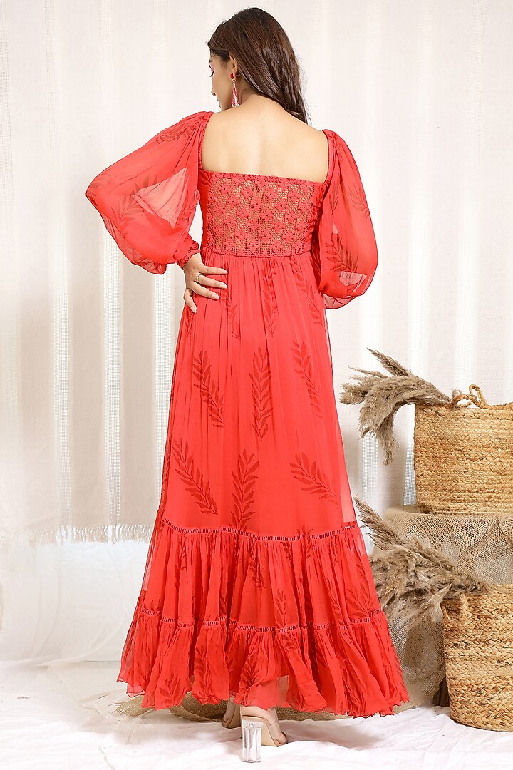 Coral Red Printed Tiered Maxi Vacation Dress by Kalakaari By Sagarika at Pernia's Pop Up Shop