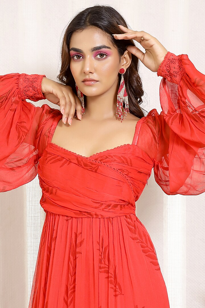 Coral Red Printed Tiered Maxi Vacation Dress by Kalakaari By Sagarika at Pernia's Pop Up Shop
