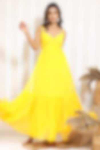 Bright Yellow Printed Maxi Dress by Kalakaari By Sagarika