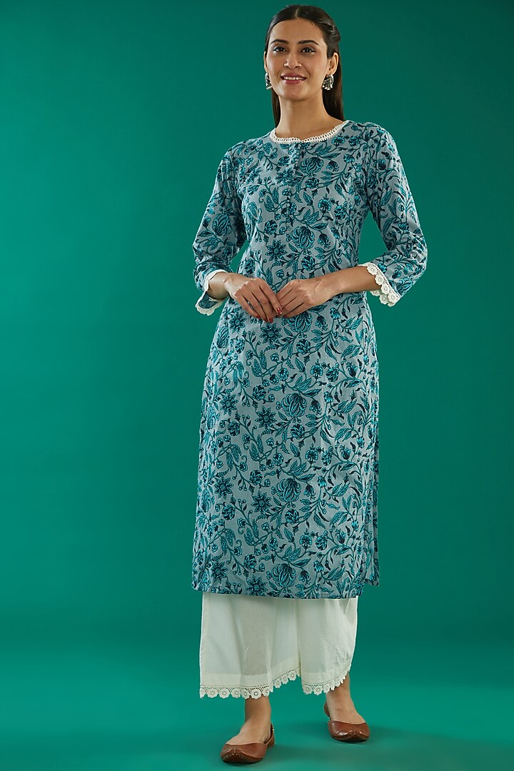 Blue Cotton Printed Kurta Set by Kalakaari By Sagarika at Pernia's Pop Up Shop