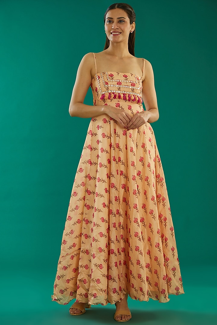 Peach Chanderi Printed Maxi Dress by Kalakaari By Sagarika