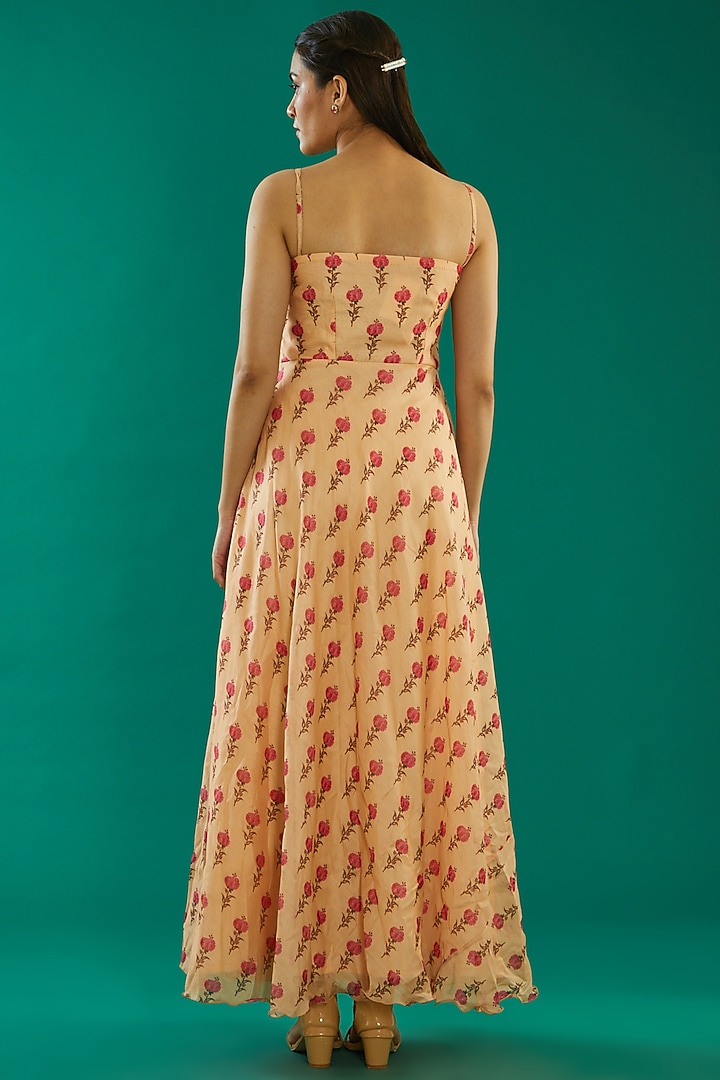 Peach Chanderi Printed Maxi Summer Dress by Kalakaari By Sagarika at Pernia's Pop Up Shop