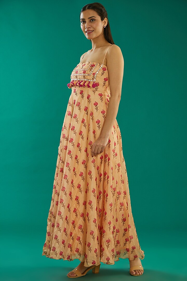 Peach Chanderi Printed Maxi Summer Dress by Kalakaari By Sagarika at Pernia's Pop Up Shop