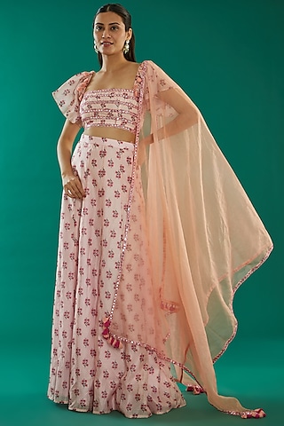 Pink Chanderi Printed Lehenga Set by Kalakaari By Sagarika