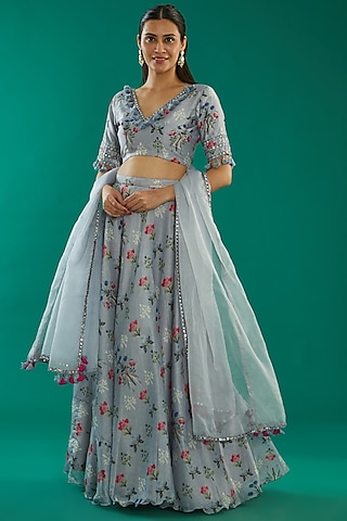 Grey Chanderi Printed Lehenga Set by Kalakaari By Sagarika