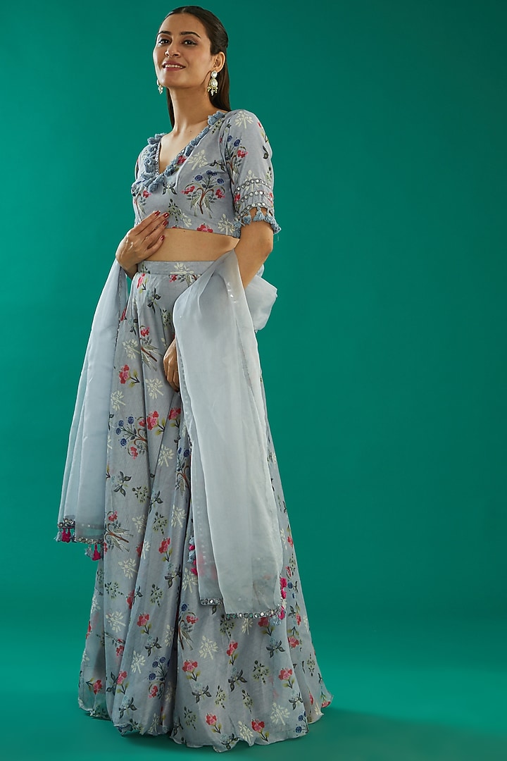 Grey Chanderi Printed Lehenga Set by Kalakaari By Sagarika at Pernia's Pop Up Shop