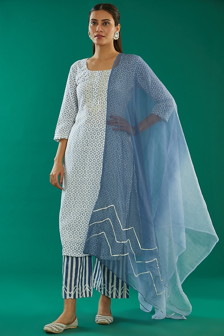Blue Cotton Hand Block Printed Kurta Set by Kalakaari By Sagarika at Pernia's Pop Up Shop