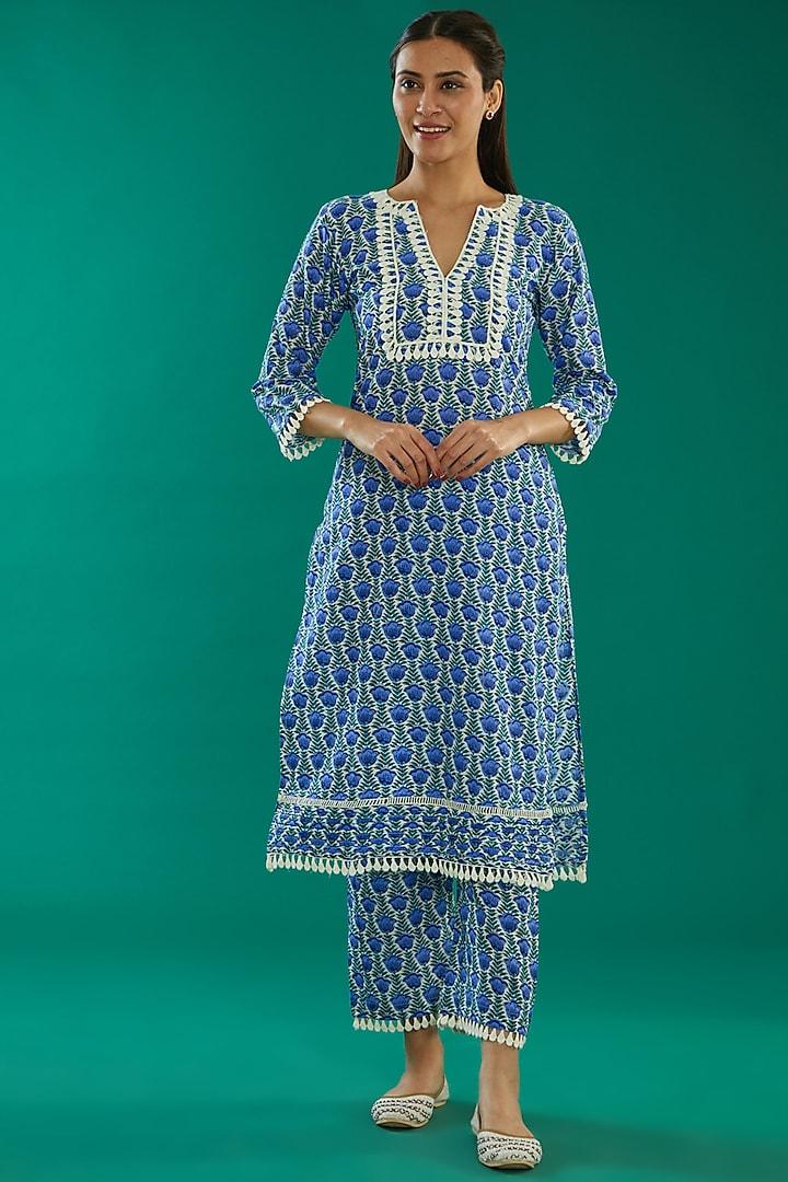 Blue Cotton Printed Kurta Set by Kalakaari By Sagarika at Pernia's Pop Up Shop