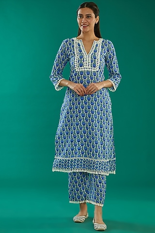 Blue Cotton Printed Kurta Set by Kalakaari By Sagarika
