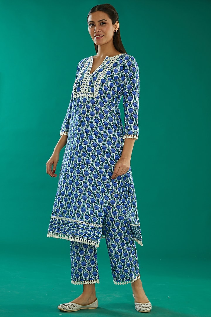 Blue Cotton Printed Kurta Set by Kalakaari By Sagarika at Pernia's Pop Up Shop