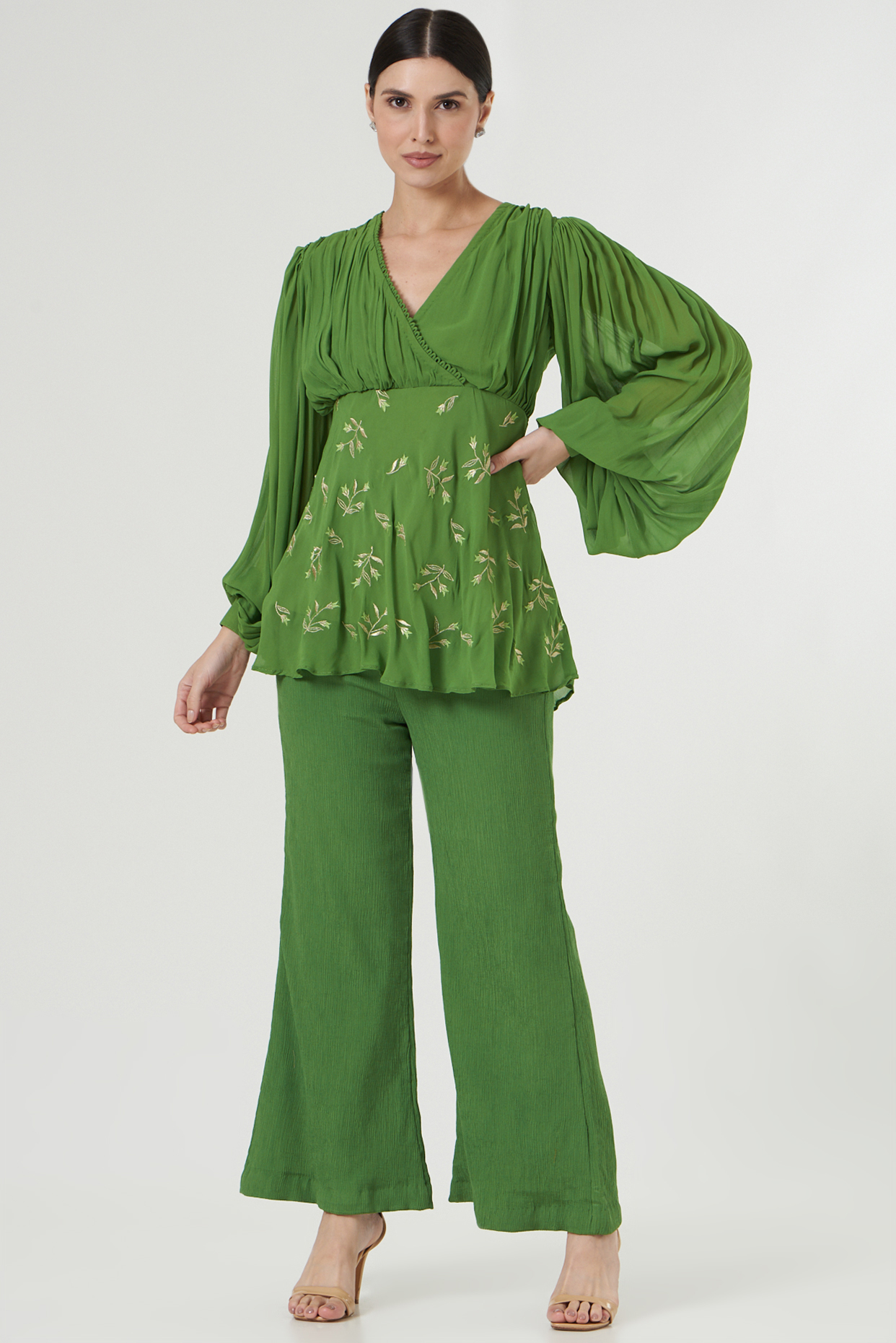 Green Crinkle Crepe Pant Set by Kalakaari By Sagarika at Pernia's Pop Up Shop