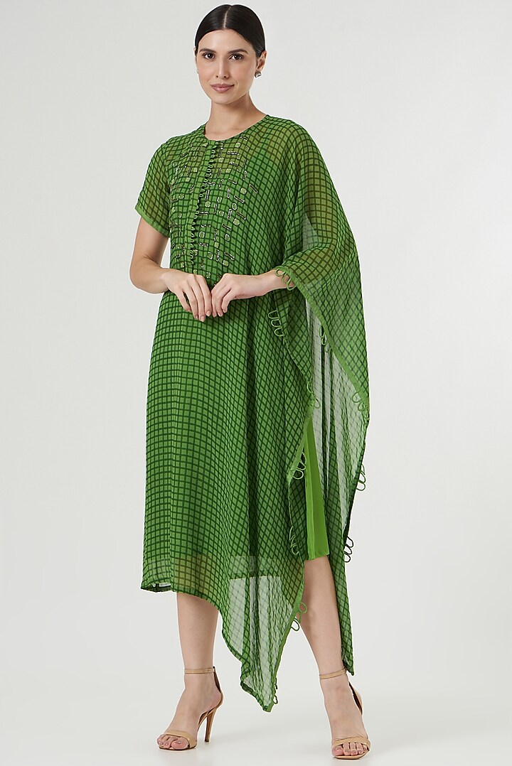 Mehendi Green Printed & Embroidered Kaftan Dress by Kalakaari By Sagarika