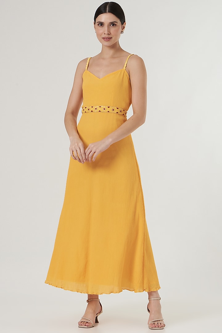 Yellow Crinkle Crepe A-Line Dress by Kalakaari By Sagarika