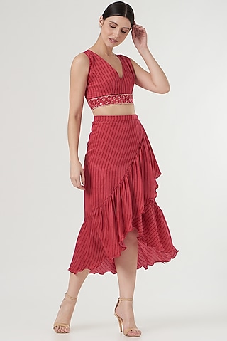 Red Printed Wrap Skirt Set by Kalakaari By Sagarika