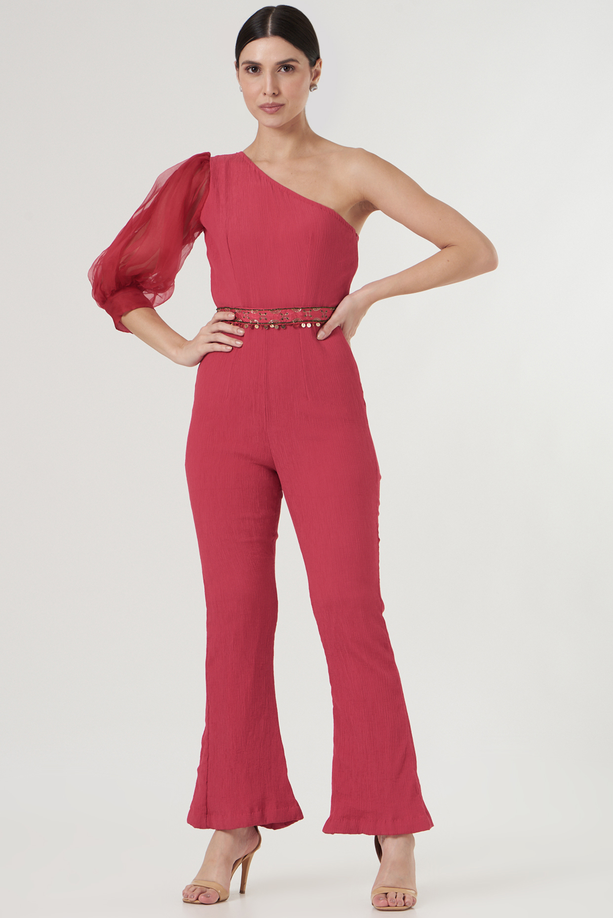 Red Crepe One-Shoulder Jumpsuit by Kalakaari By Sagarika