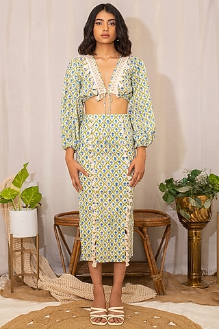 Off-White & Green Handblock Printed Pencil Skirt Set by Kalakaari By Sagarika
