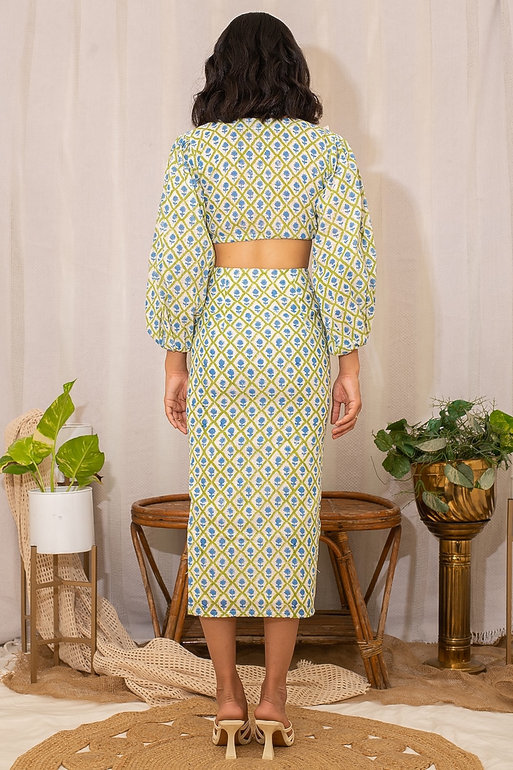 Off-White & Green Handblock Printed Pencil Skirt Set by Kalakaari By Sagarika at Pernia's Pop Up Shop