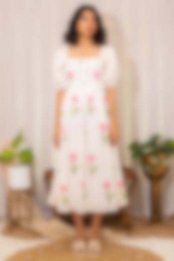Off-White & Pink Cotton Handblock Printed Dress by Kalakaari By Sagarika