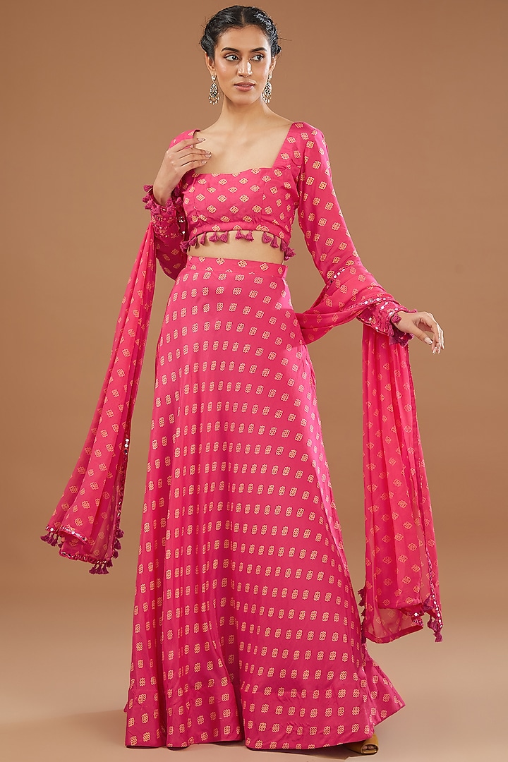 Rani Pink Silk & Georgette Floral Printed Lehenga Set by Kalakaari By Sagarika at Pernia's Pop Up Shop