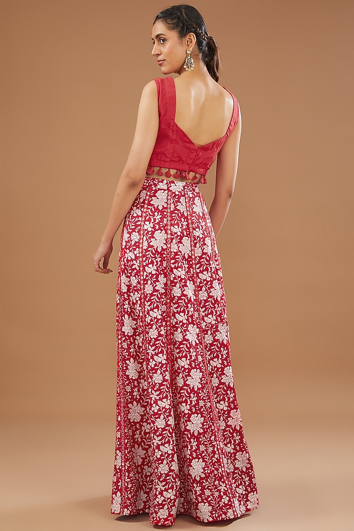 Cherry Red Silk & Georgette Floral Printed Lehenga Set by Kalakaari By Sagarika at Pernia's Pop Up Shop