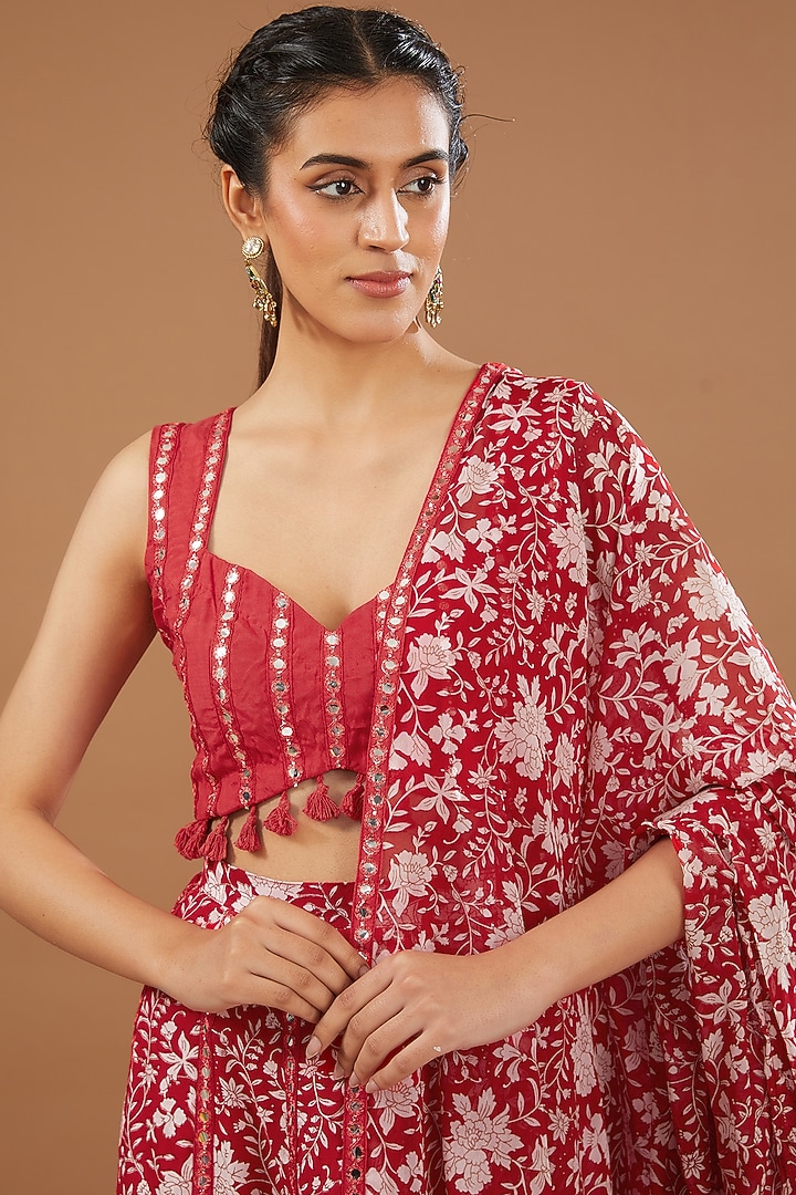 Cherry Red Silk & Georgette Floral Printed Lehenga Set by Kalakaari By Sagarika at Pernia's Pop Up Shop