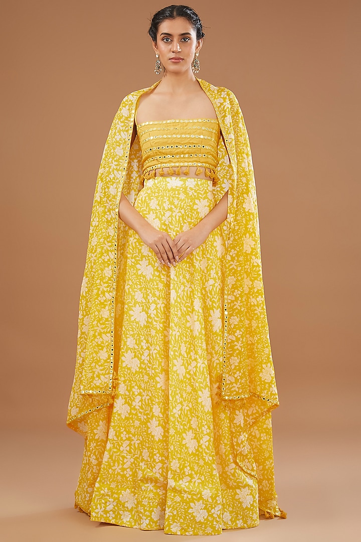 Yellow Silk & Georgette Floral Printed Lehenga Set by Kalakaari By Sagarika at Pernia's Pop Up Shop