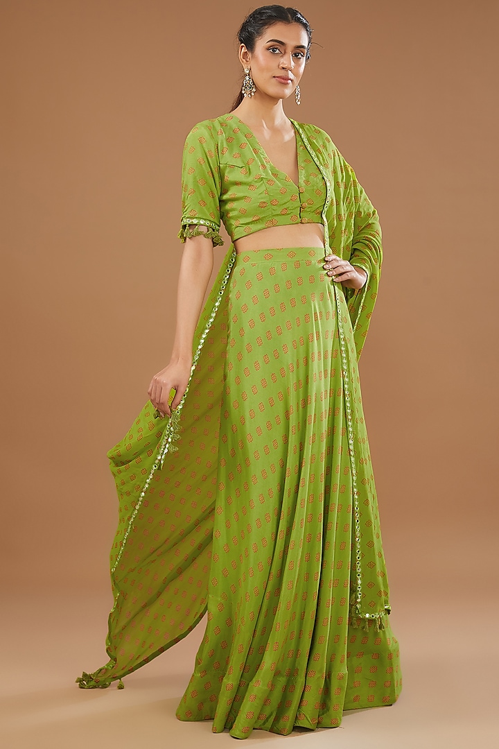 Mehendi Green Silk & Georgette Floral Printed Lehenga Set by Kalakaari By Sagarika