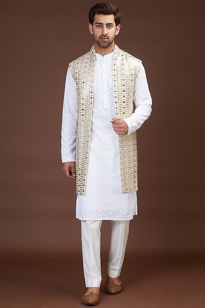 Gold Georgette Thread Embroidered Indowestern Jacket by Kasbah Clothing