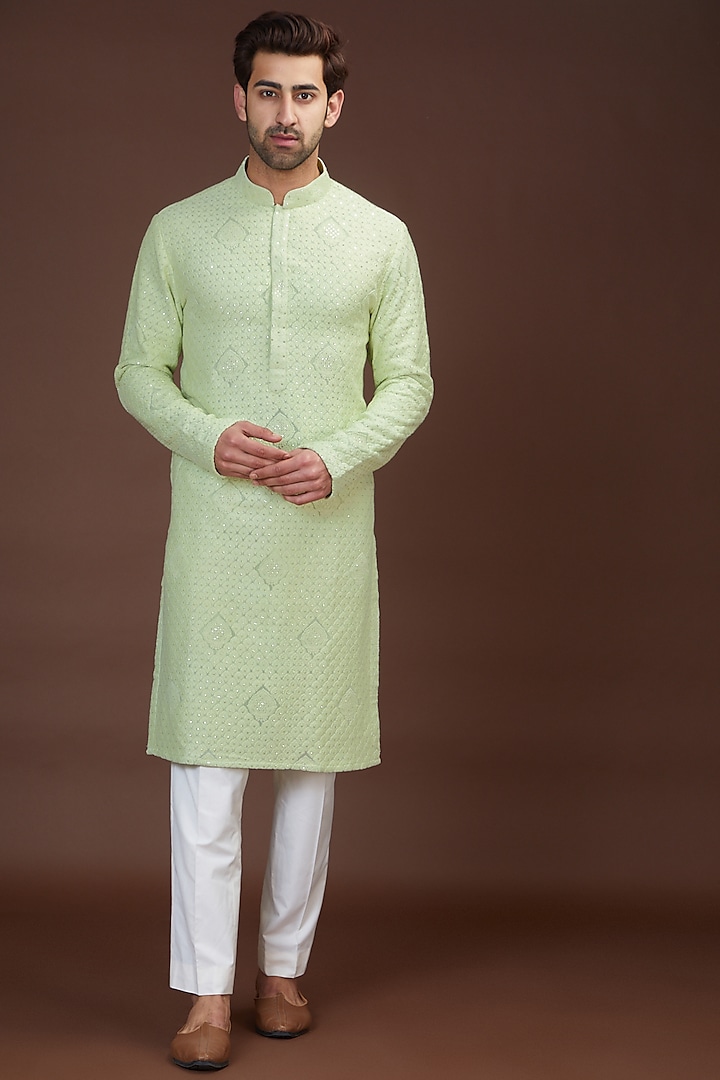 Pastel Lime Green Georgette Thread Embroidered Kurta by Kasbah Clothing