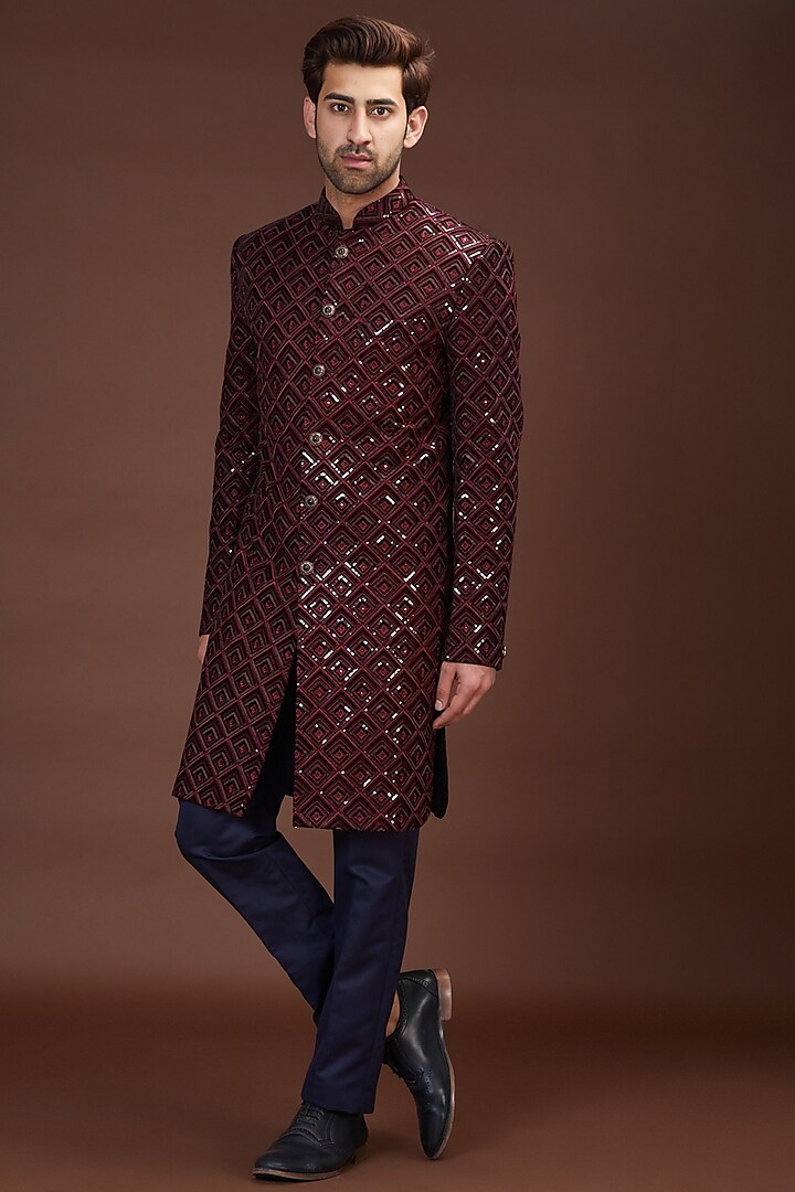 Maroon Velvet Thread Embroidered Indowestern Jacket by Kasbah Clothing