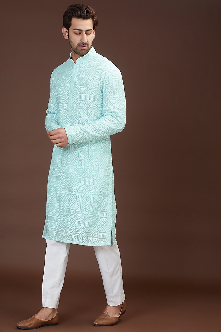 Pastel Blue Georgette Embroidered Chikankari Kurta by Kasbah Clothing at Pernia's Pop Up Shop