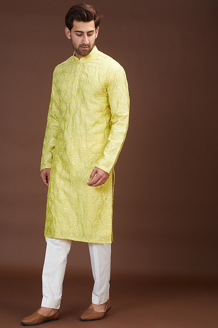 Yellow Silk Embroidered Kurta by Kasbah Clothing