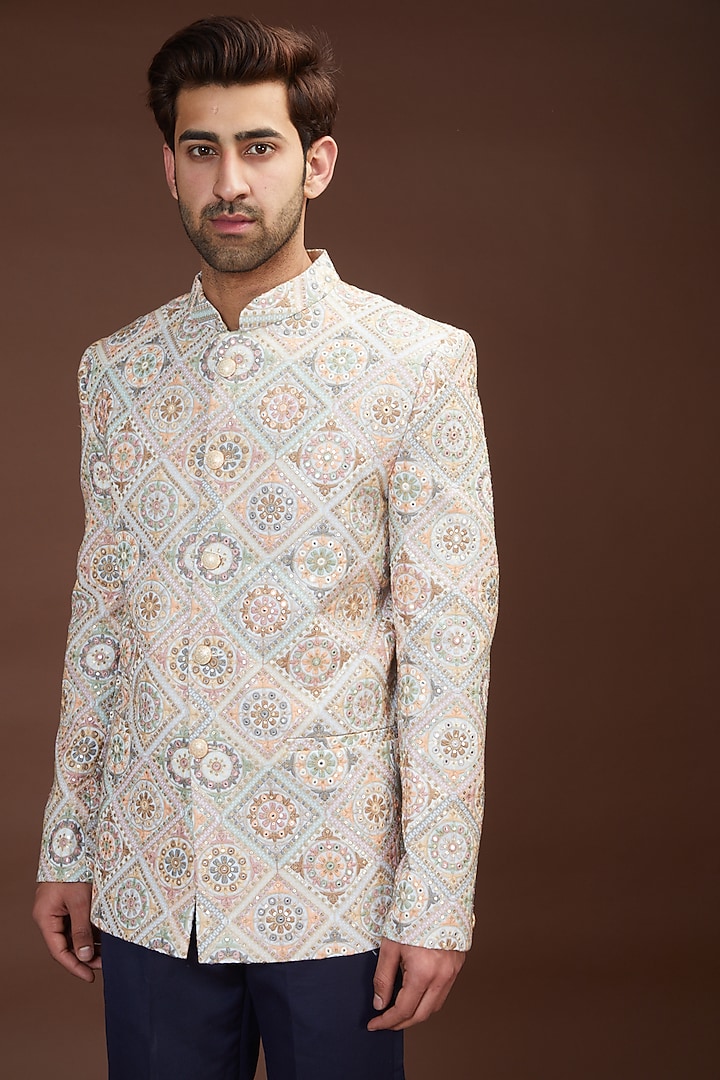 Multi-Colored Georgette Wedding Bandhgala Jacket by Kasbah Clothing at Pernia's Pop Up Shop
