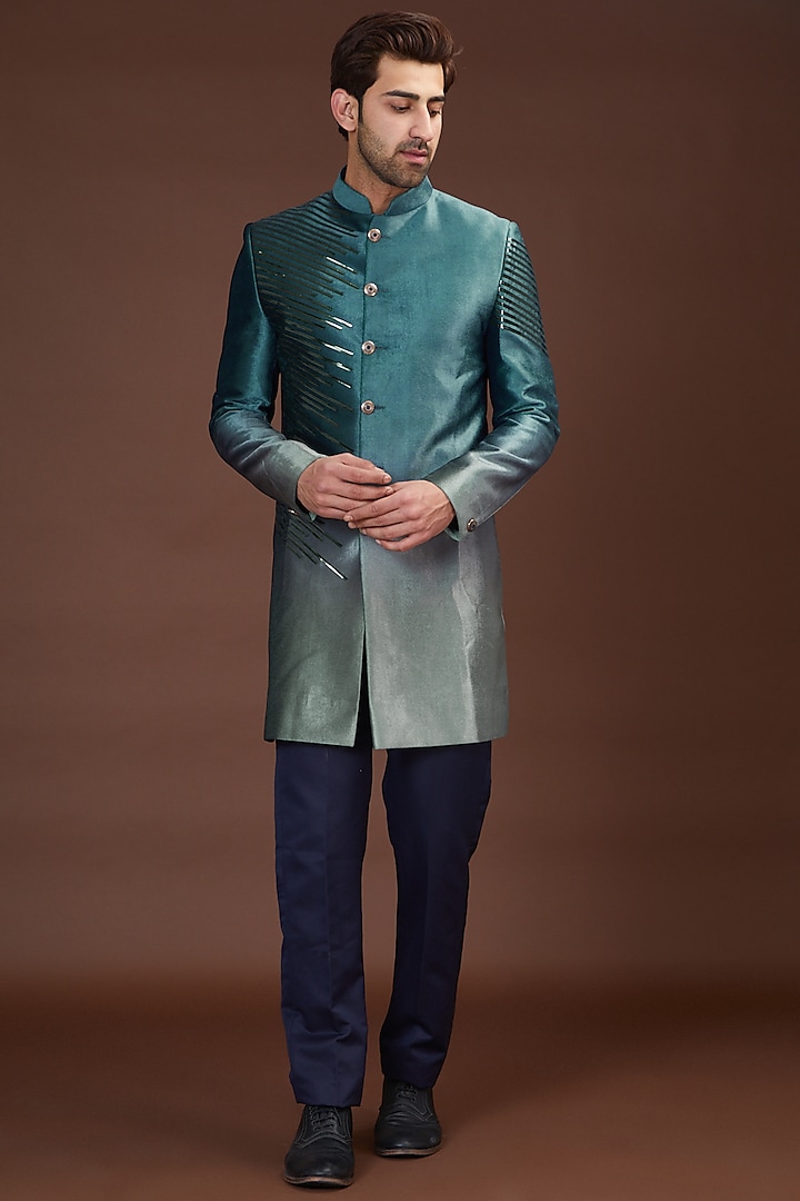 Cobalt Blue Georgette Indowestern Jacket by Kasbah Clothing