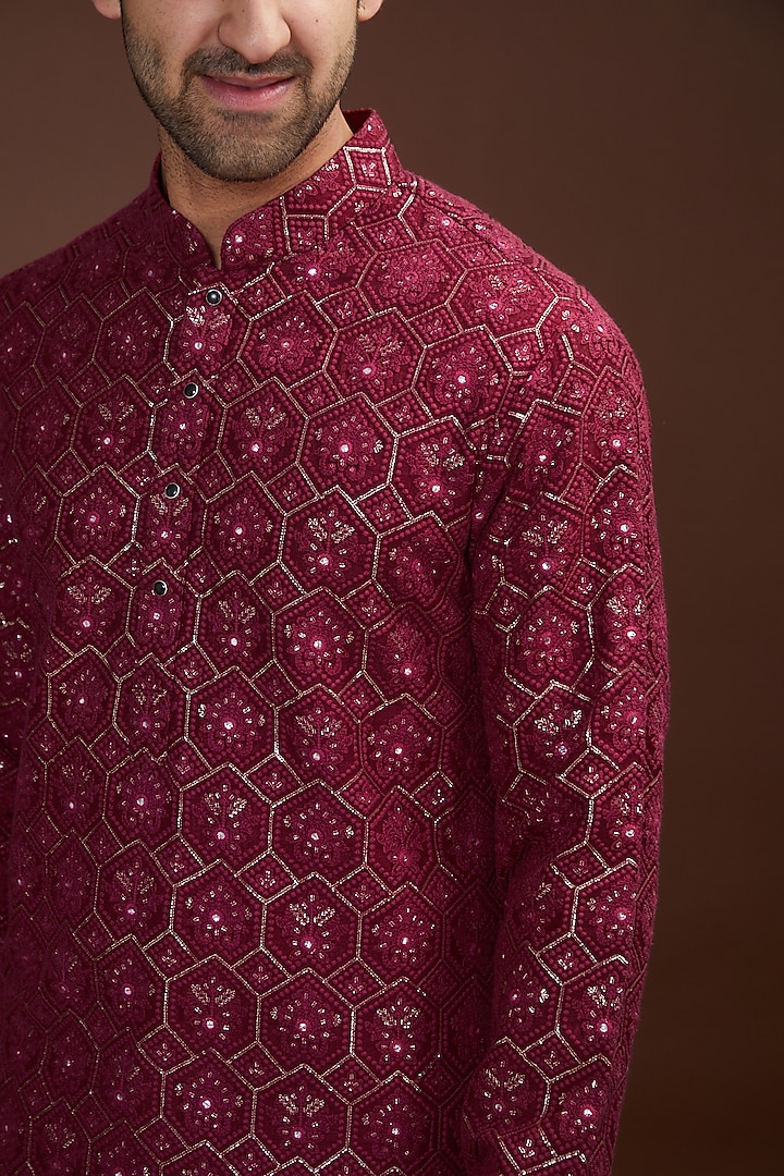 Light Maroon Silk Embroidered Kurta by Kasbah Clothing