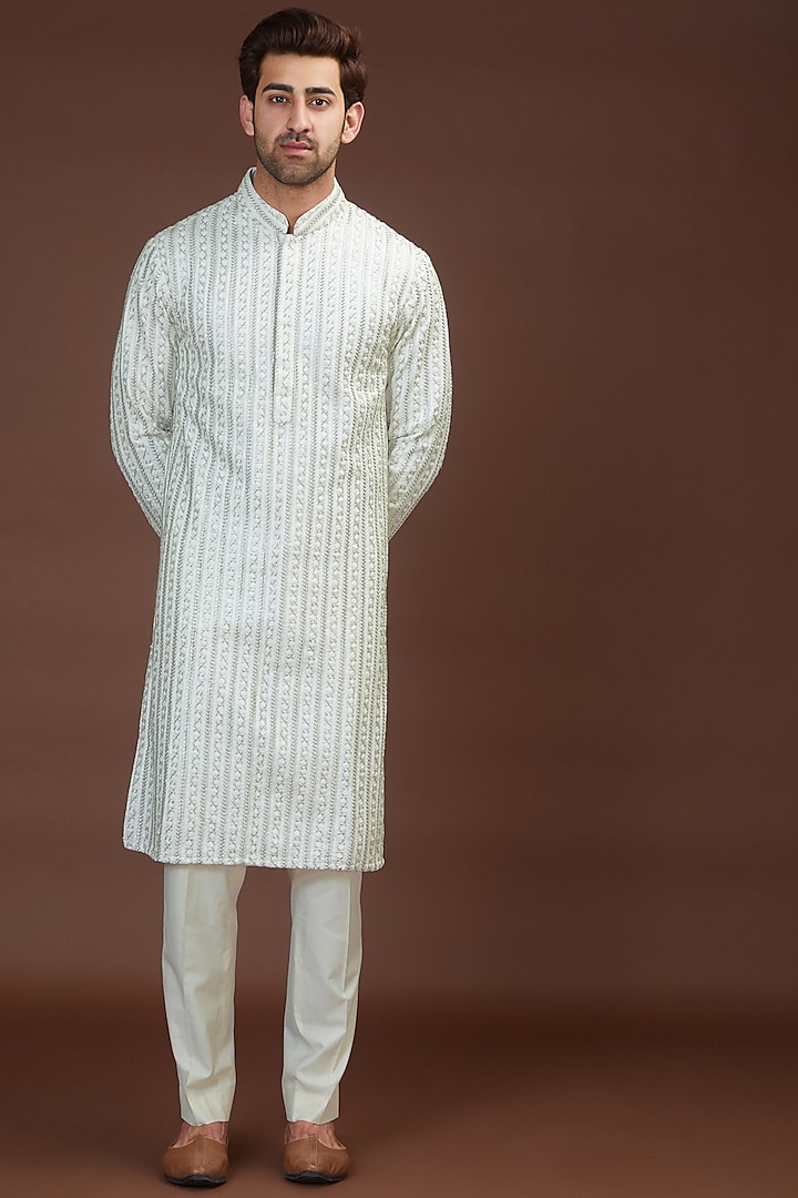 Ivory Silk Embroidered Kurta by Kasbah Clothing