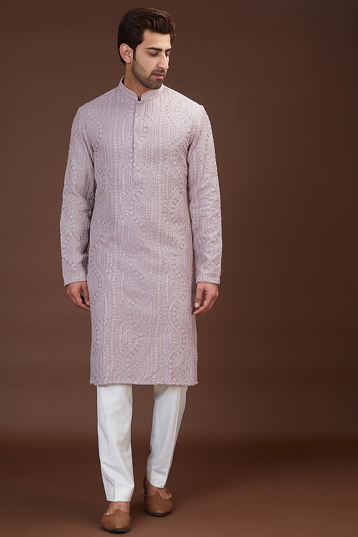 lavender Silk Embroidered Kurta by Kasbah Clothing