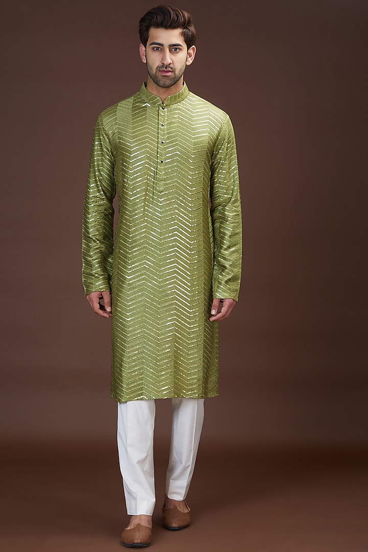 Mehendi Green Silk Embroidered Kurta by Kasbah Clothing