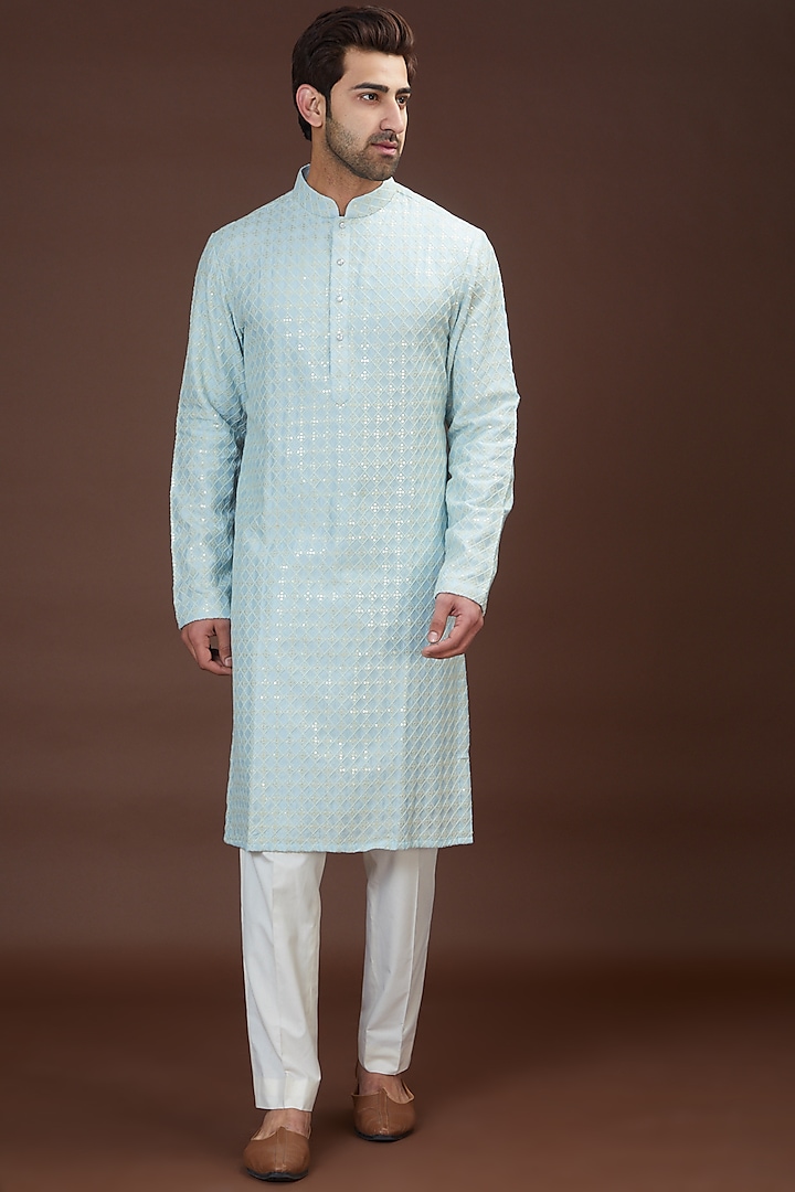 Sky Blue Silk Embroidered Kurta by Kasbah Clothing