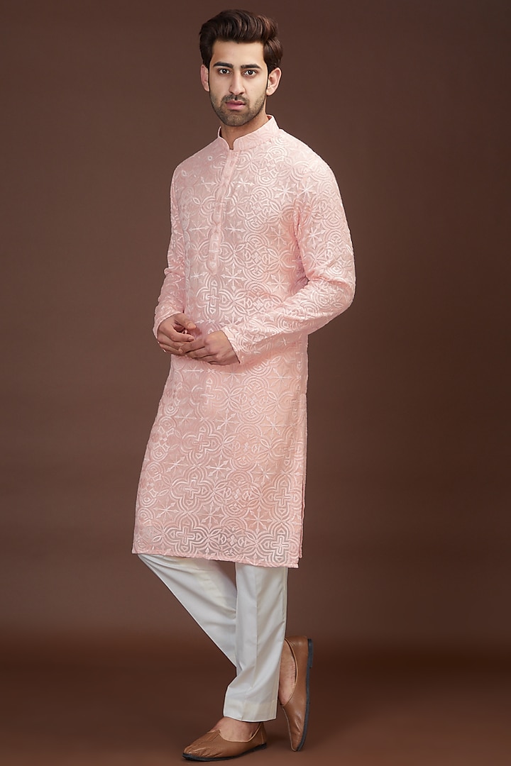 Blush Pink Georgette Chikankari Kurta by Kasbah Clothing