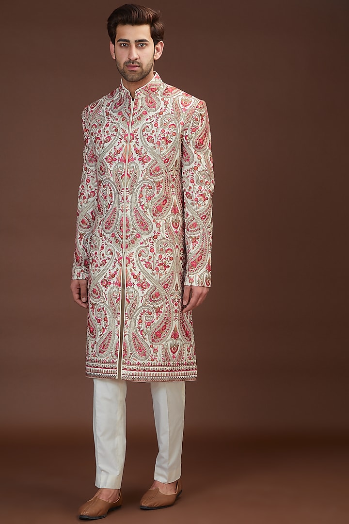Beige Georgette Paisley Kashmiri Embroidered Sherwani by Kasbah Clothing