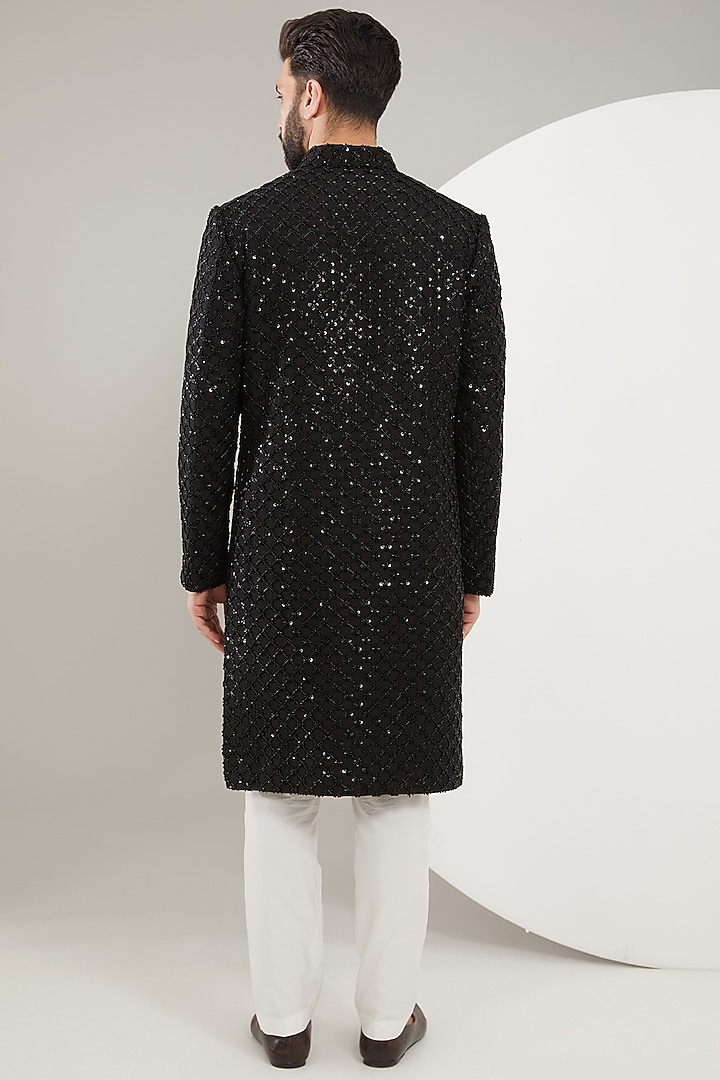 Black Silk Cutdana Embroidered Wedding Sherwani by Kasbah Clothing at Pernia's Pop Up Shop