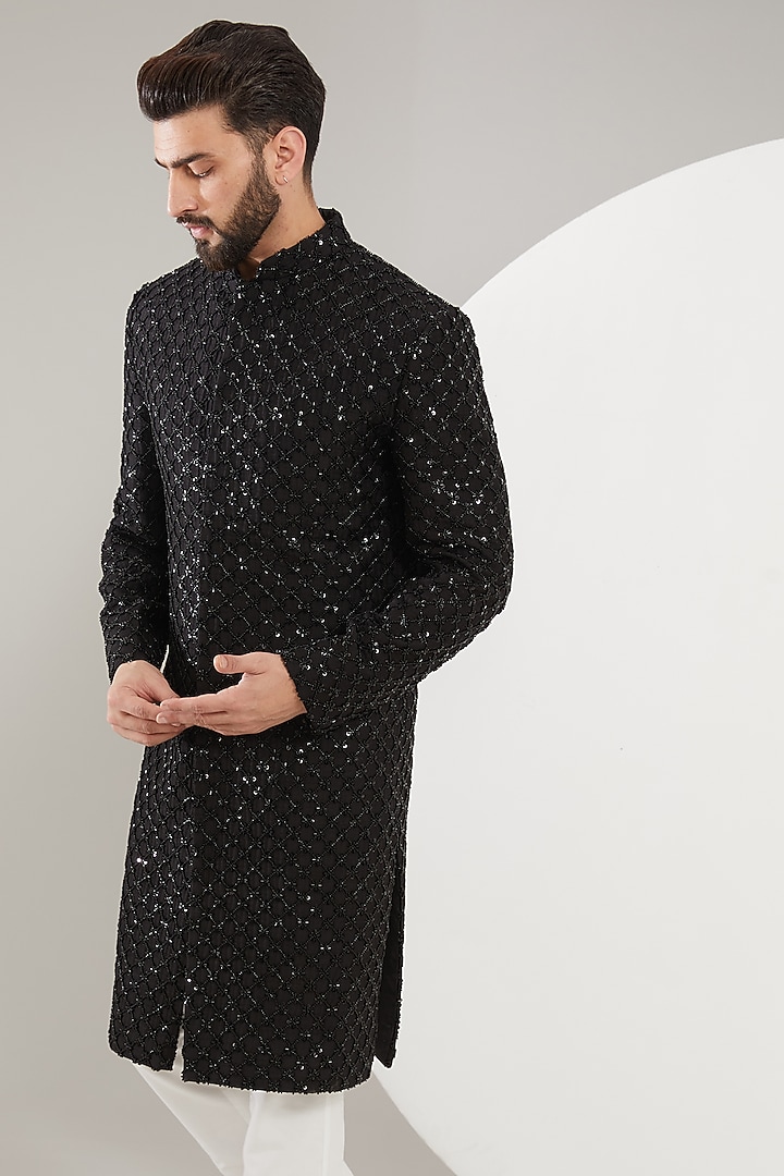 Black Silk Cutdana Embroidered Wedding Sherwani by Kasbah Clothing at Pernia's Pop Up Shop