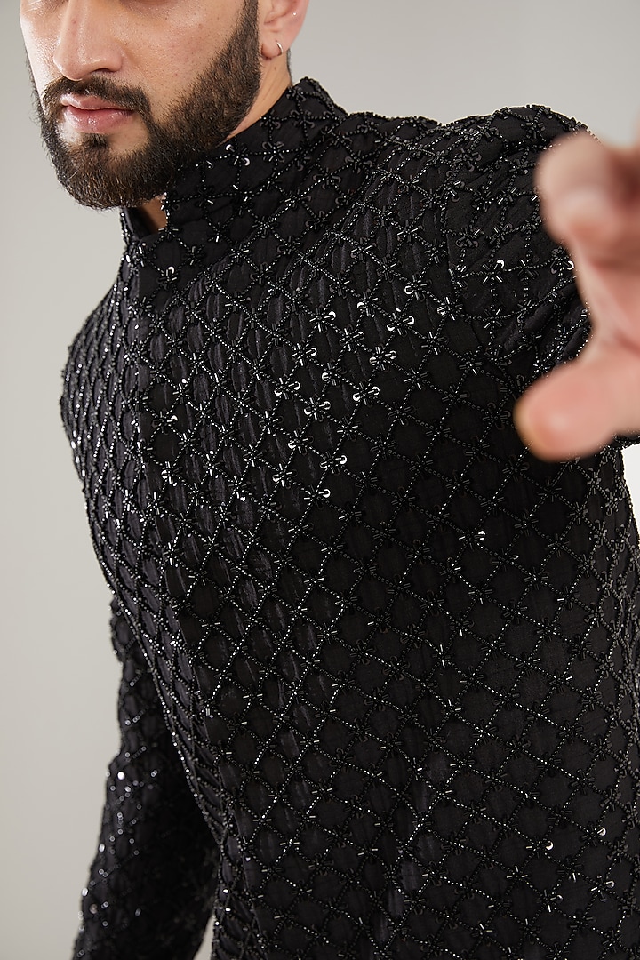 Black Silk Cutdana Embroidered Wedding Sherwani by Kasbah Clothing at Pernia's Pop Up Shop