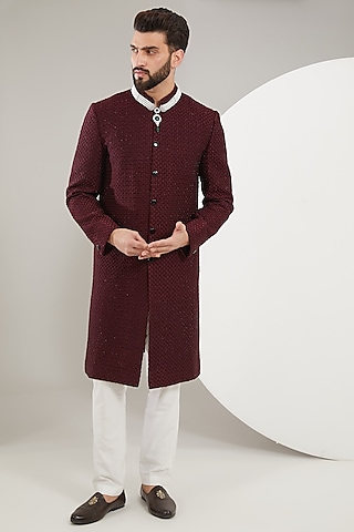 Maroon Velvet Cutdana Embroidered Sherwani by Kasbah Clothing