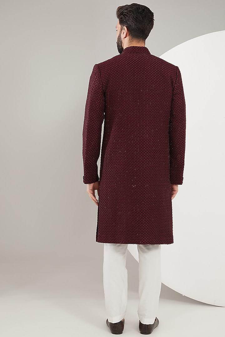 Maroon Velvet Cutdana Embroidered Wedding Sherwani by Kasbah Clothing at Pernia's Pop Up Shop