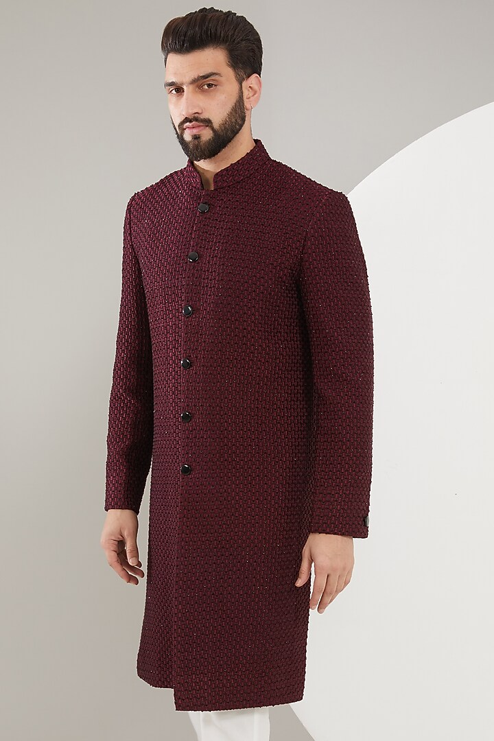 Maroon Velvet Cutdana Embroidered Wedding Sherwani by Kasbah Clothing at Pernia's Pop Up Shop