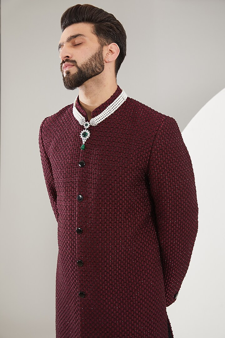 Maroon Velvet Cutdana Embroidered Wedding Sherwani by Kasbah Clothing at Pernia's Pop Up Shop