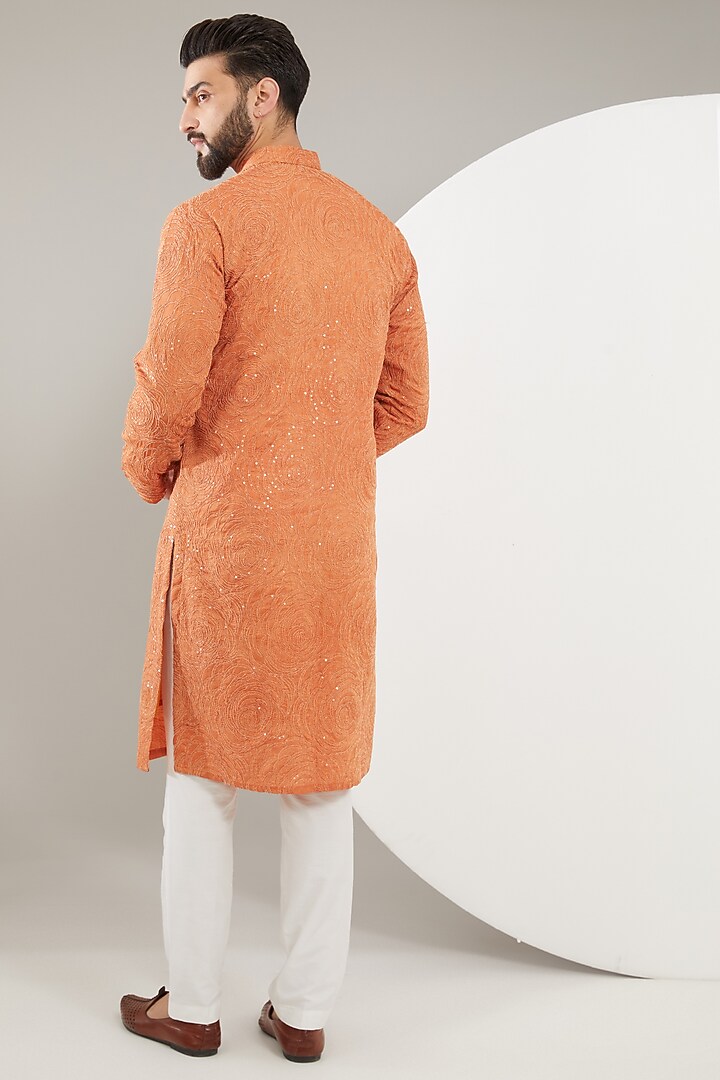 Rust Orange Silk Floral Embroidered Kurta by Kasbah Clothing at Pernia's Pop Up Shop