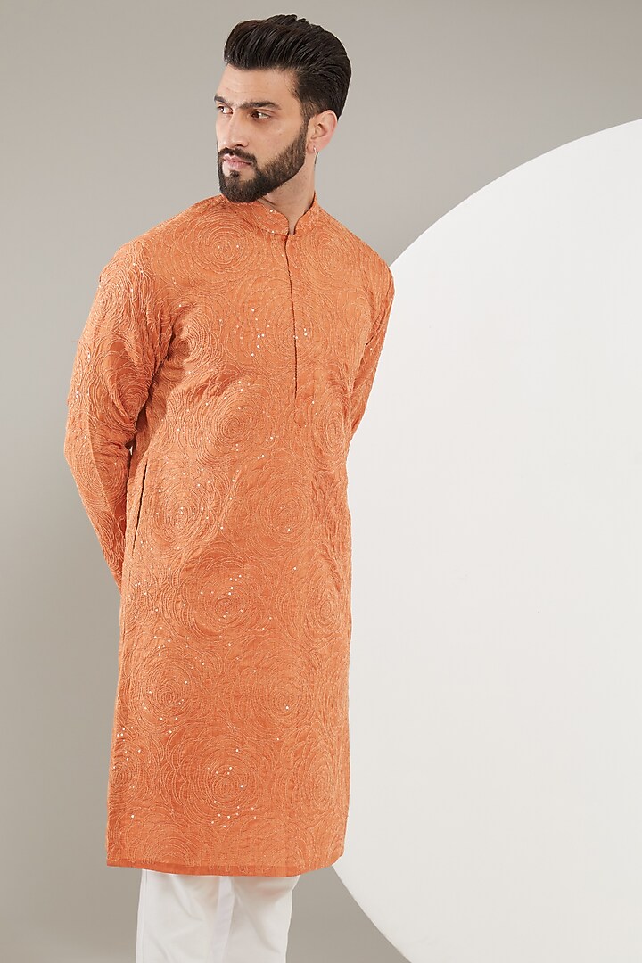 Rust Orange Silk Floral Embroidered Kurta by Kasbah Clothing at Pernia's Pop Up Shop